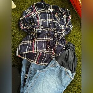 Navy Plaid Button-Up Shirt with Pink Stripes